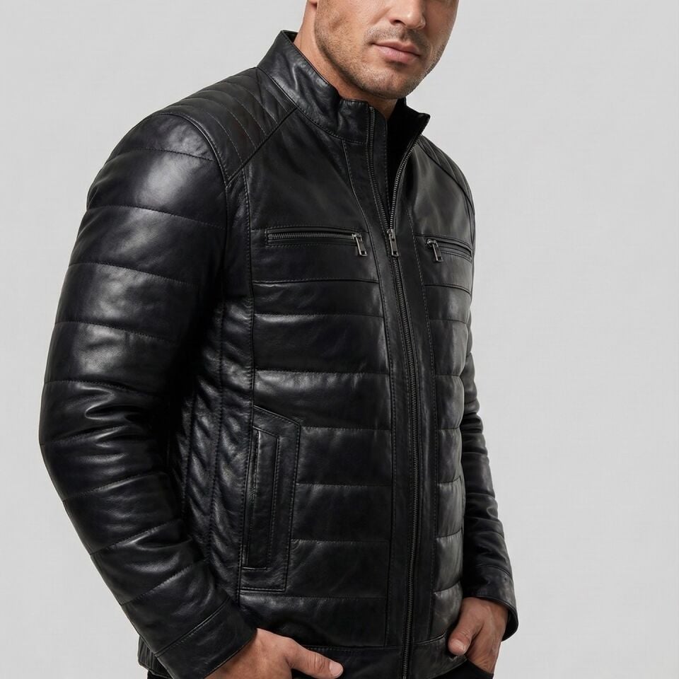 222 Erkek Siyah Şişme Deri Mont