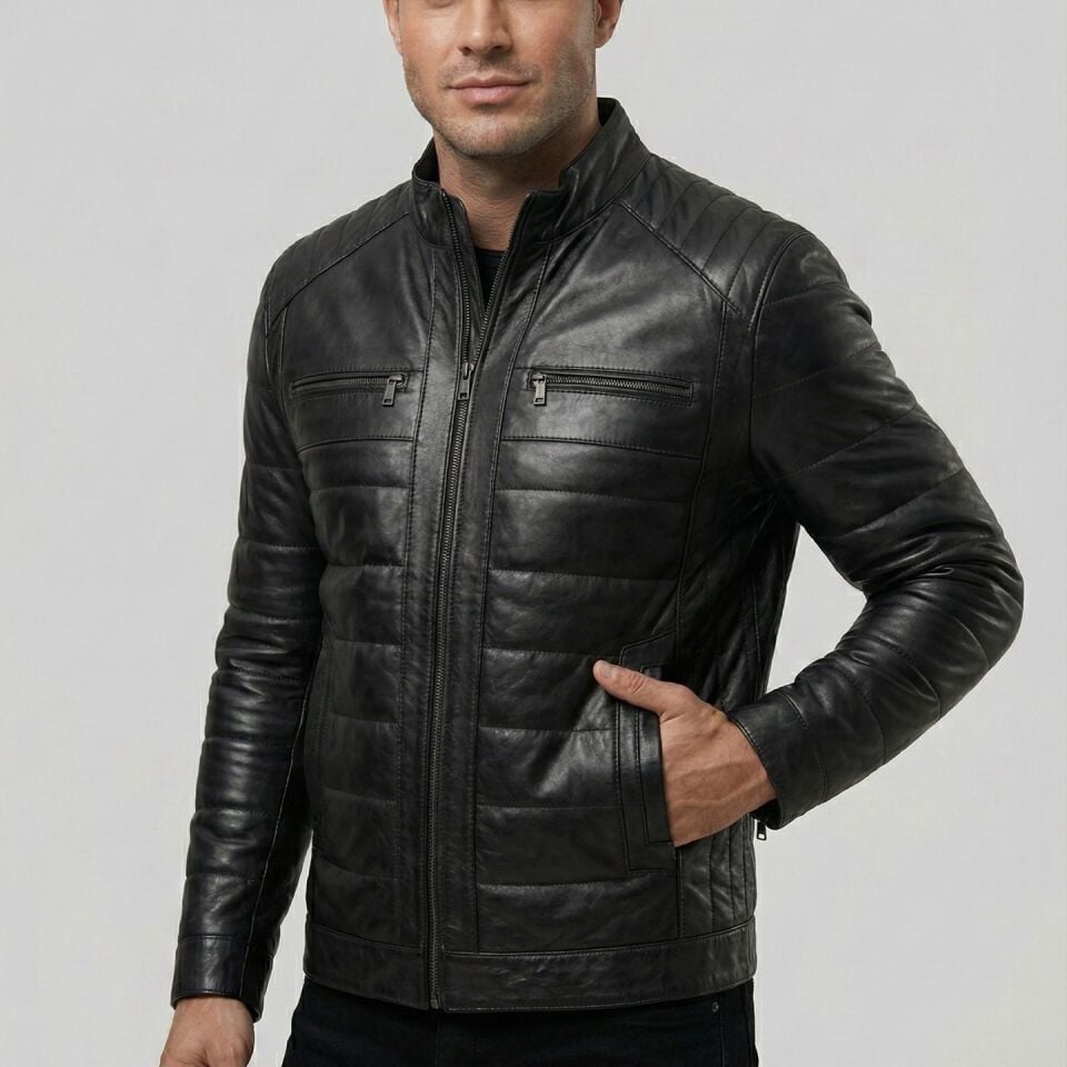222 Erkek Siyah Şişme Deri Mont