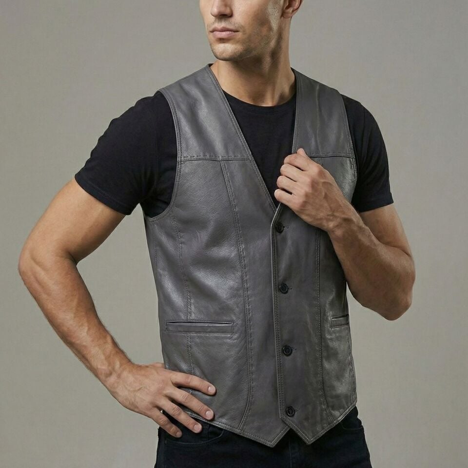 Ata Gri Erkek Deri Yelek