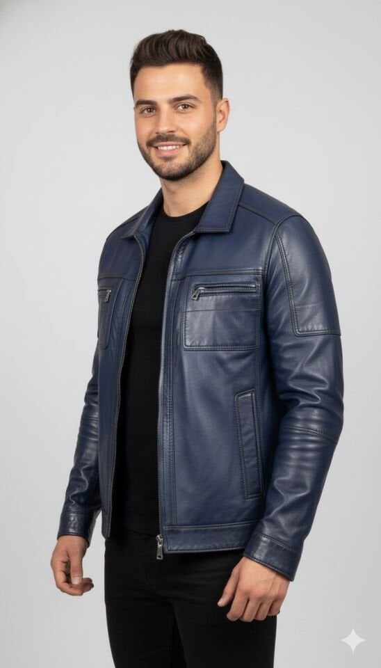 1225 Lacivert Erkek Deri Mont