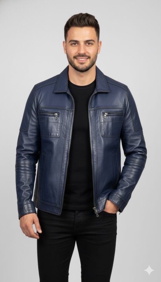 1225 Lacivert Erkek Deri Mont