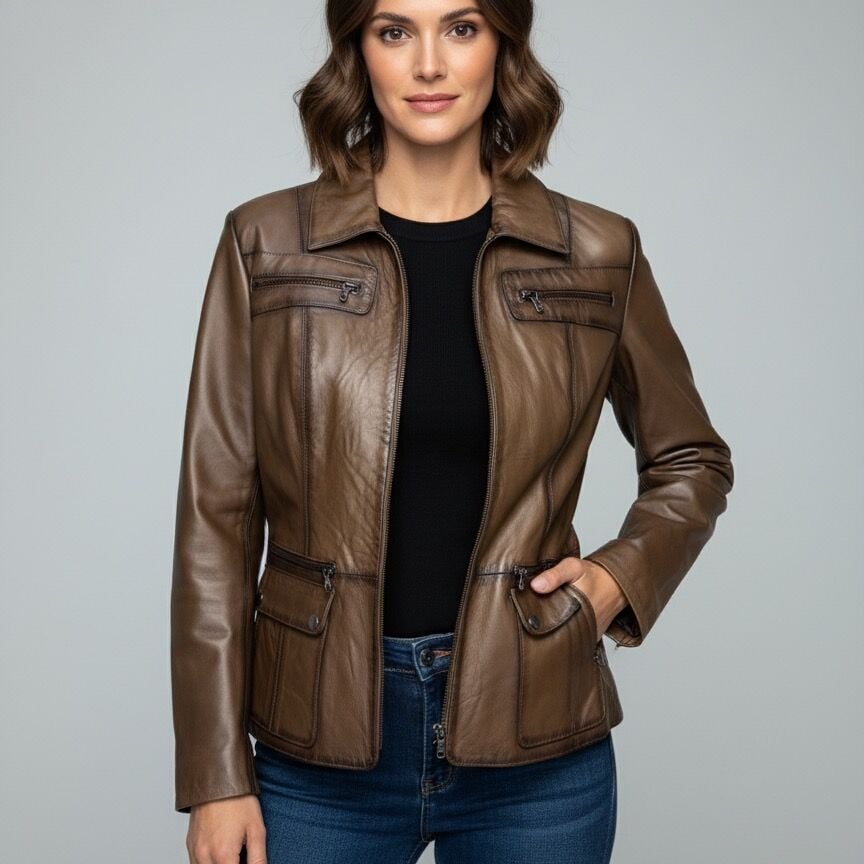 Kristin Fındık Bayan Deri Mont