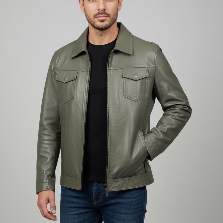 Eric Yeşil Erkek Deri Mont