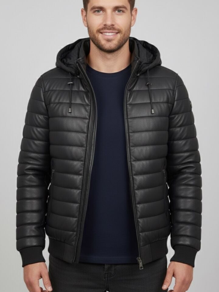 223 Siyah Erkek Şişme Deri Mont