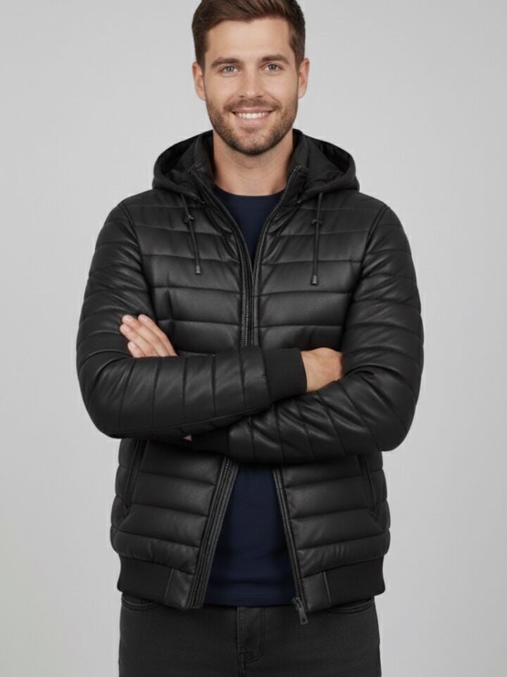 223 Siyah Erkek Şişme Deri Mont