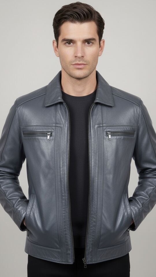 533 Gri Erkek Deri Mont