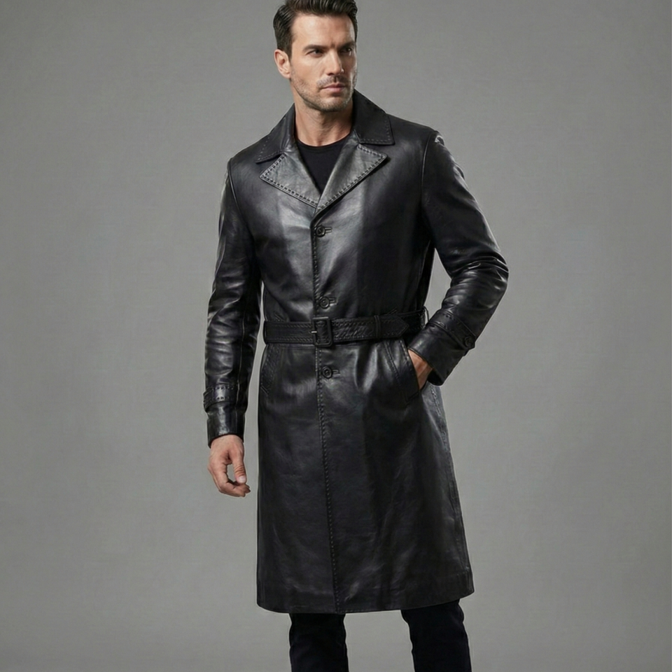 Milano Siyah Erkek Deri Trençkot