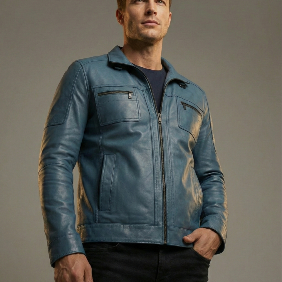 1225 Turkuaz Erkek Deri Mont