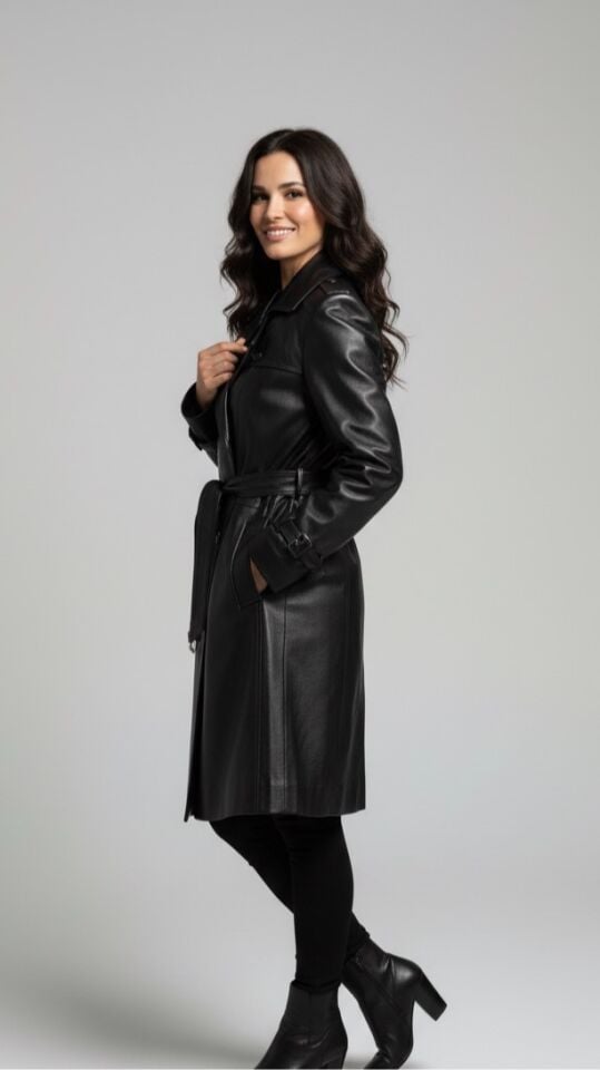 Rhoda Siyah Bayan Deri Trençkot