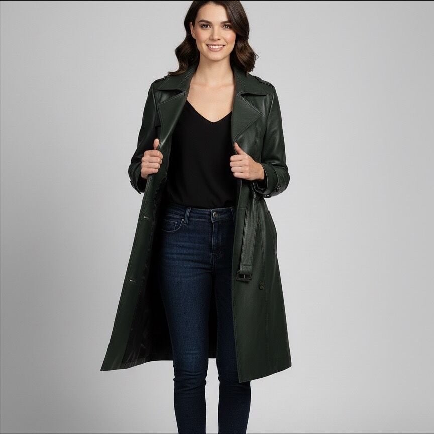 Rhoda Yeşil Bayan Deri Trençkot