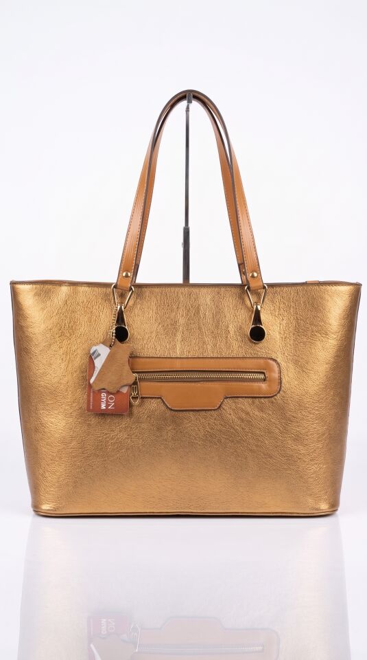 SDG-02 | Gold Deri Tote Çanta — Metalik Dana Derisi Kadın El Çantası