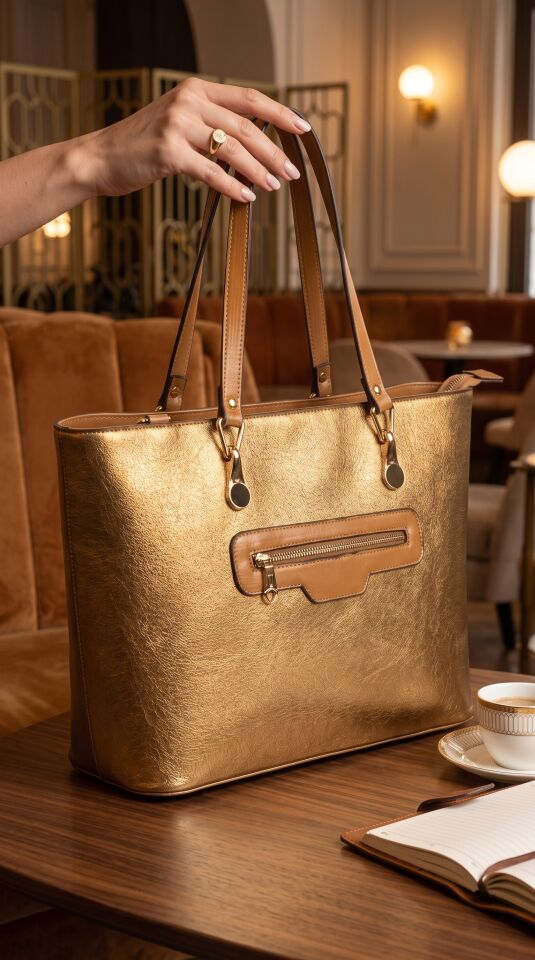 SDG-02 | Gold Deri Tote Çanta — Metalik Dana Derisi Kadın El Çantası