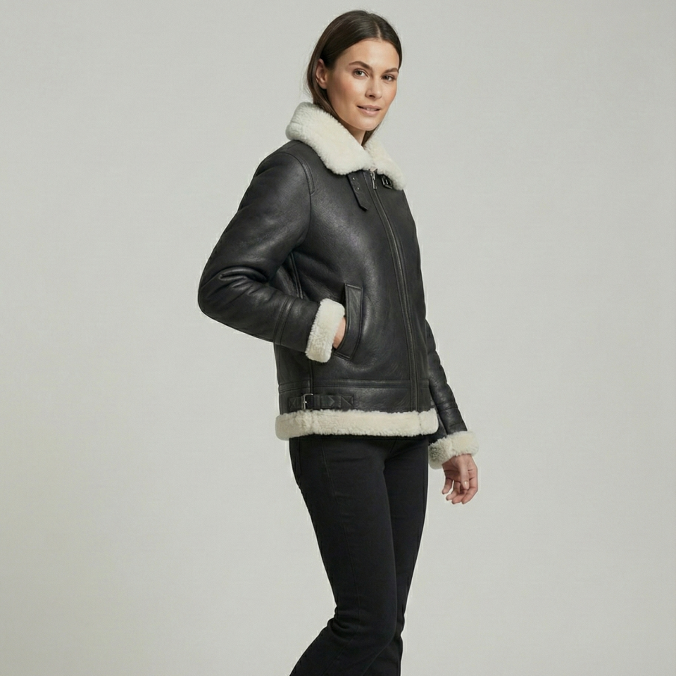 Lydia Siyah Bayan Deri Kürk Mont