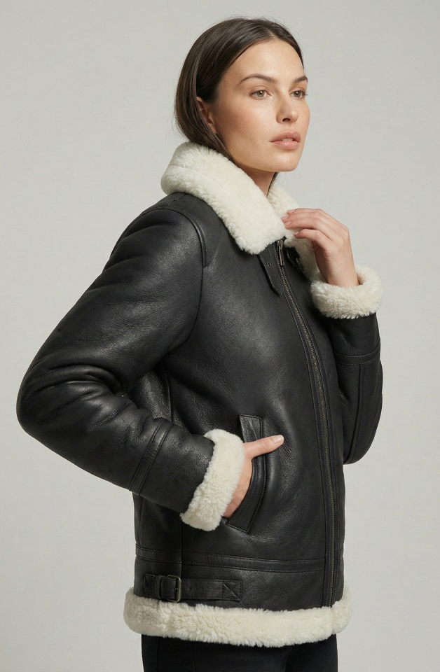 Lydia Siyah Bayan Deri Kürk Mont