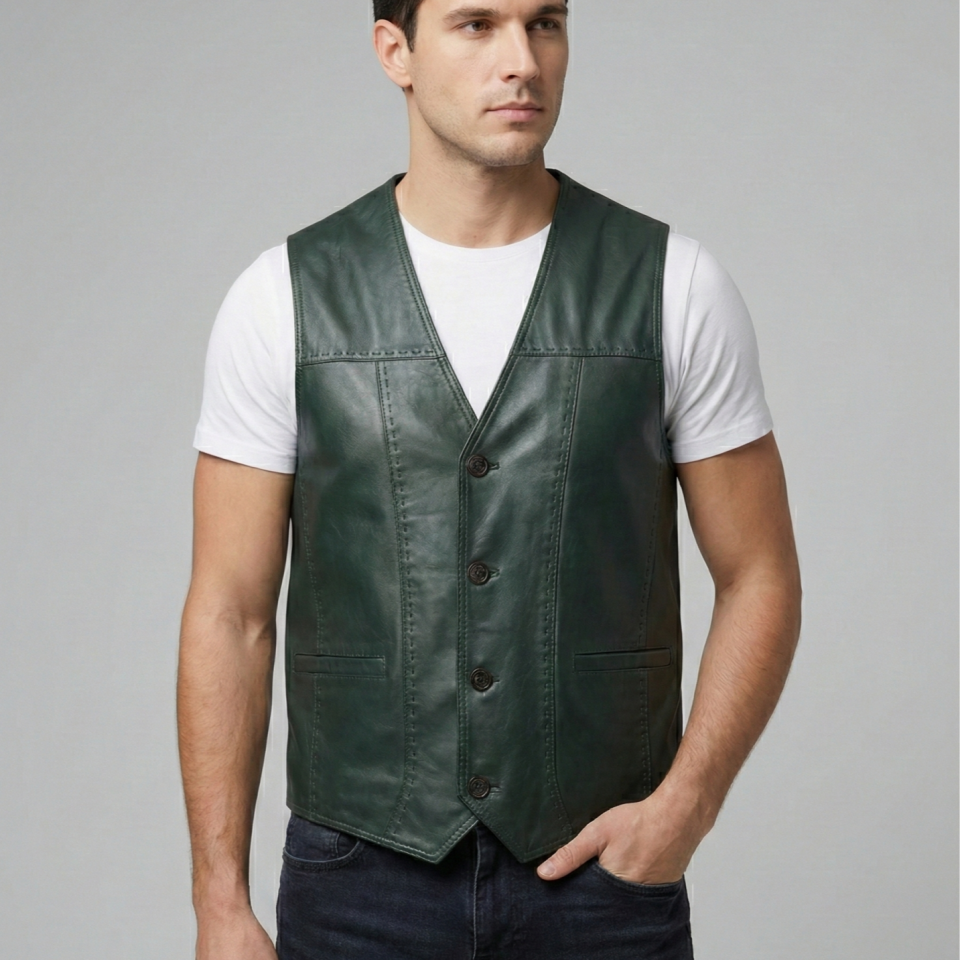 Ata Yeşil Erkek Deri Yelek