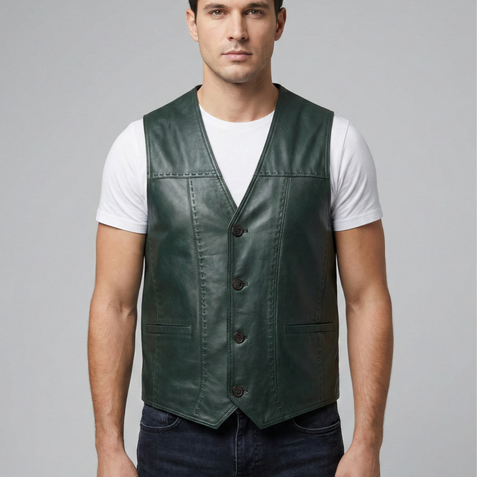 Ata Yeşil Erkek Deri Yelek