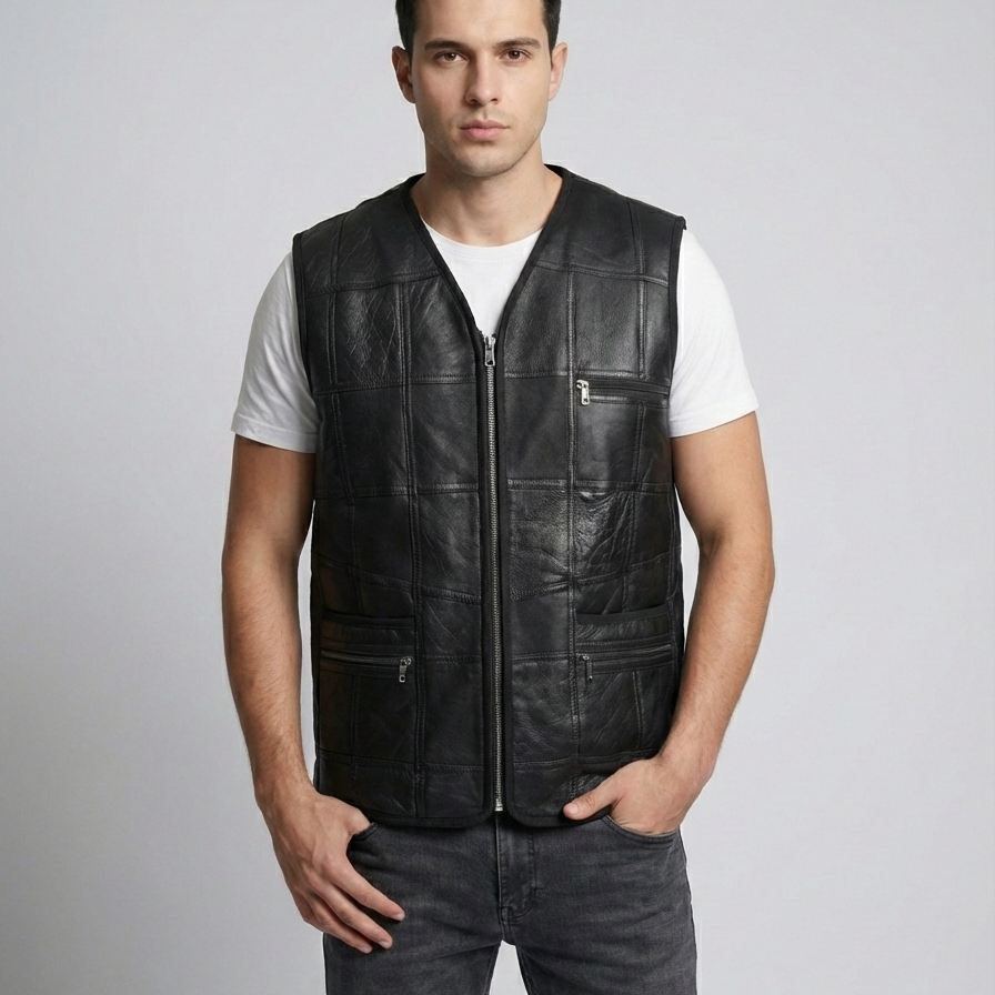 Parçalı Napa Erkek Deri Yelek