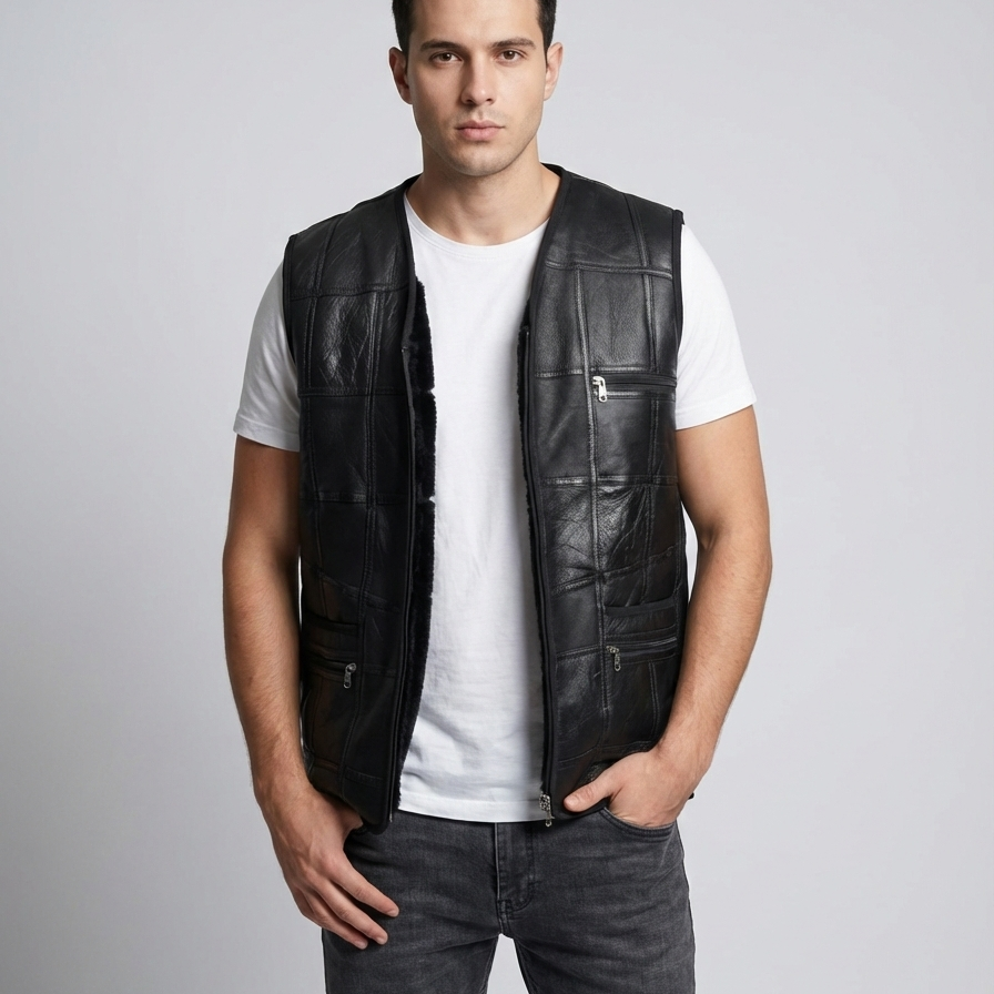 Parçalı Napa Erkek Deri Yelek