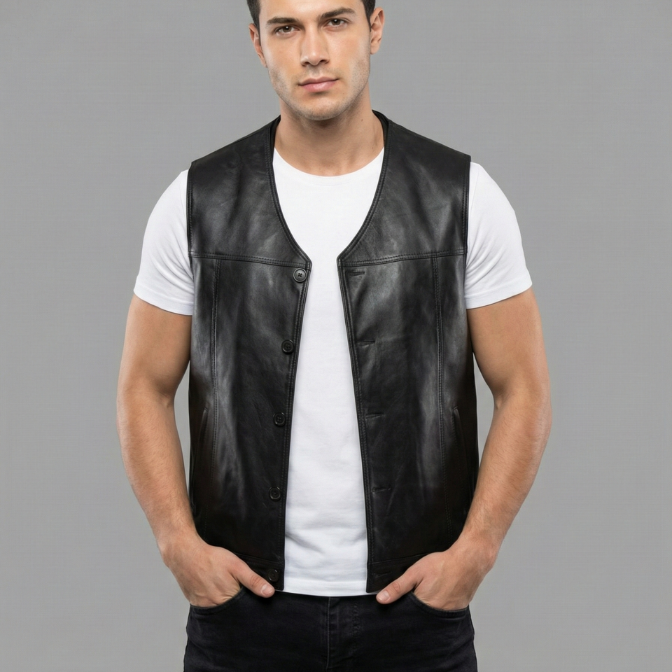 Vito Siyah Erkek Deri Yelek