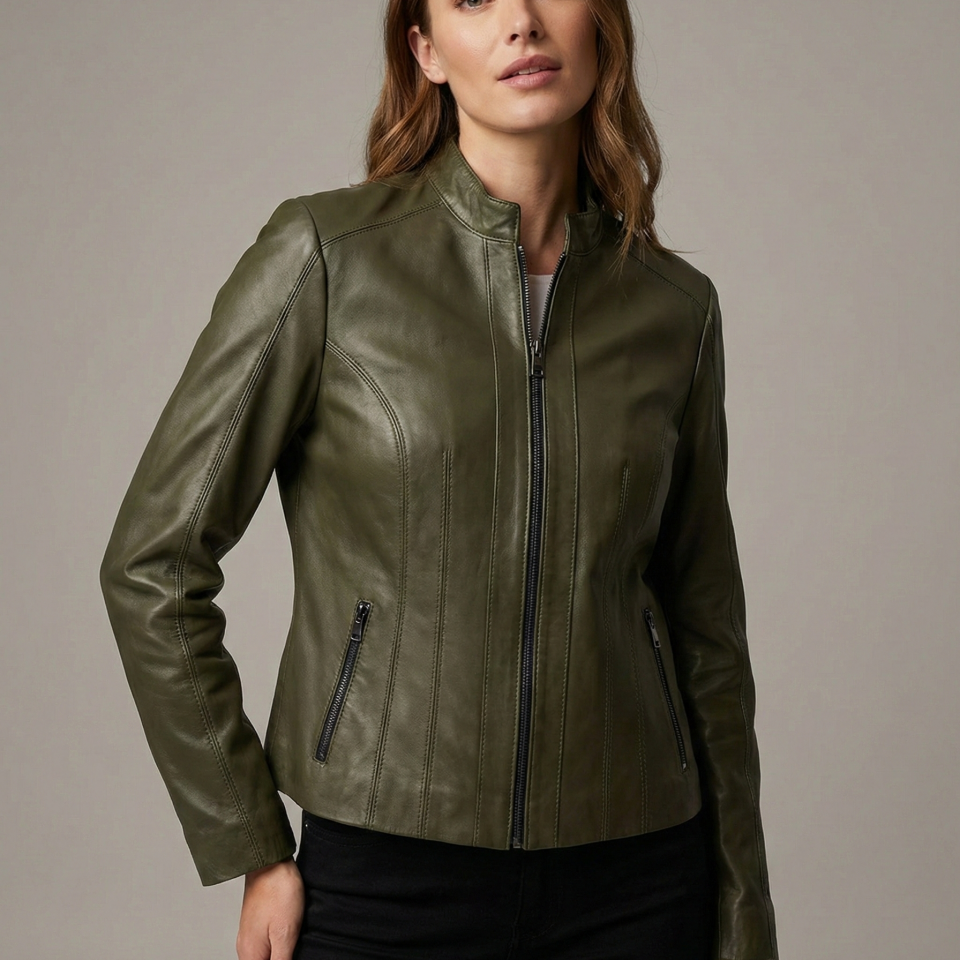 Riva Yeşil Bayan Deri Mont