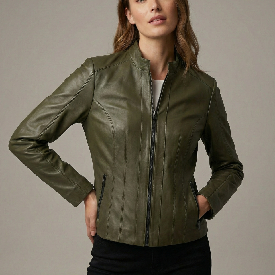 Riva Yeşil Bayan Deri Mont