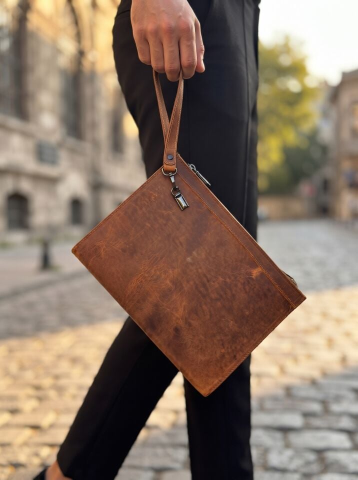9562 Taba Crazy Deri Erkek Clutch Çanta | Hakiki Dana Derisi