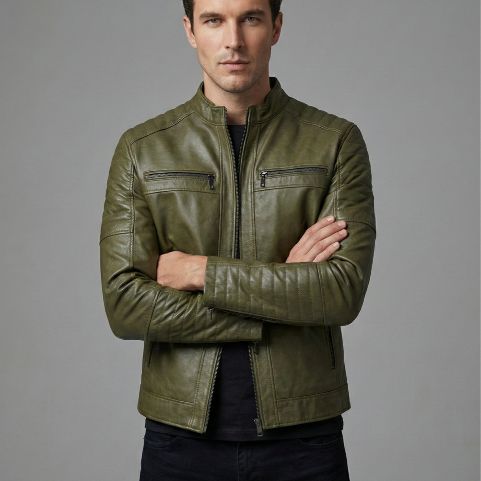 15837 Haki Yeşil Erkek Deri Mont