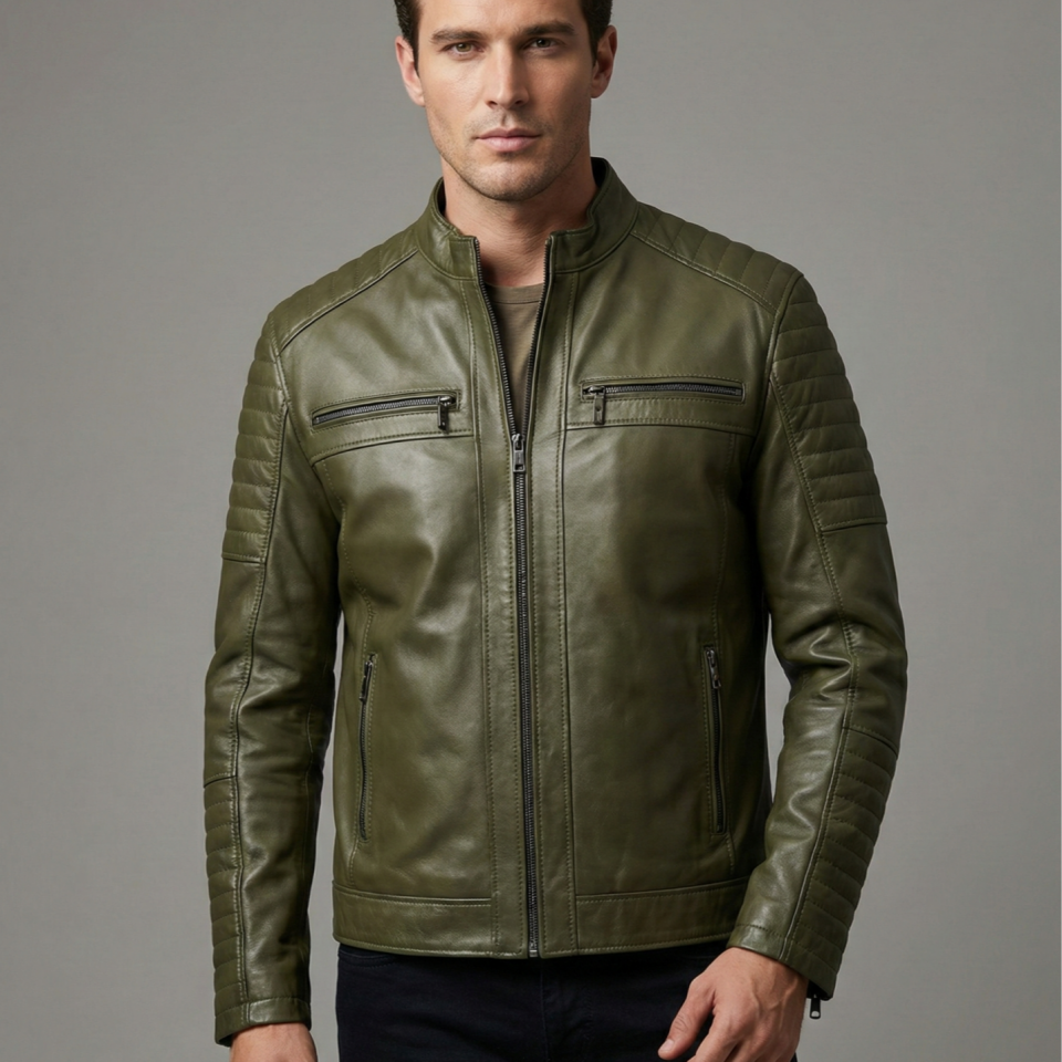 15837 Haki Yeşil Erkek Deri Mont