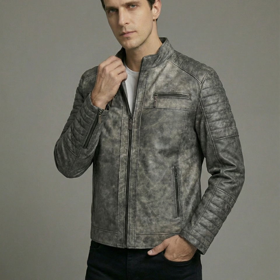 15837 Dökme Gri Erkek Deri Mont
