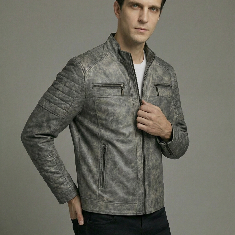 15837 Dökme Gri Erkek Deri Mont