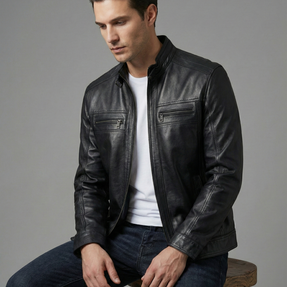 2145 Puntolu Siyah Erkek Deri Mont