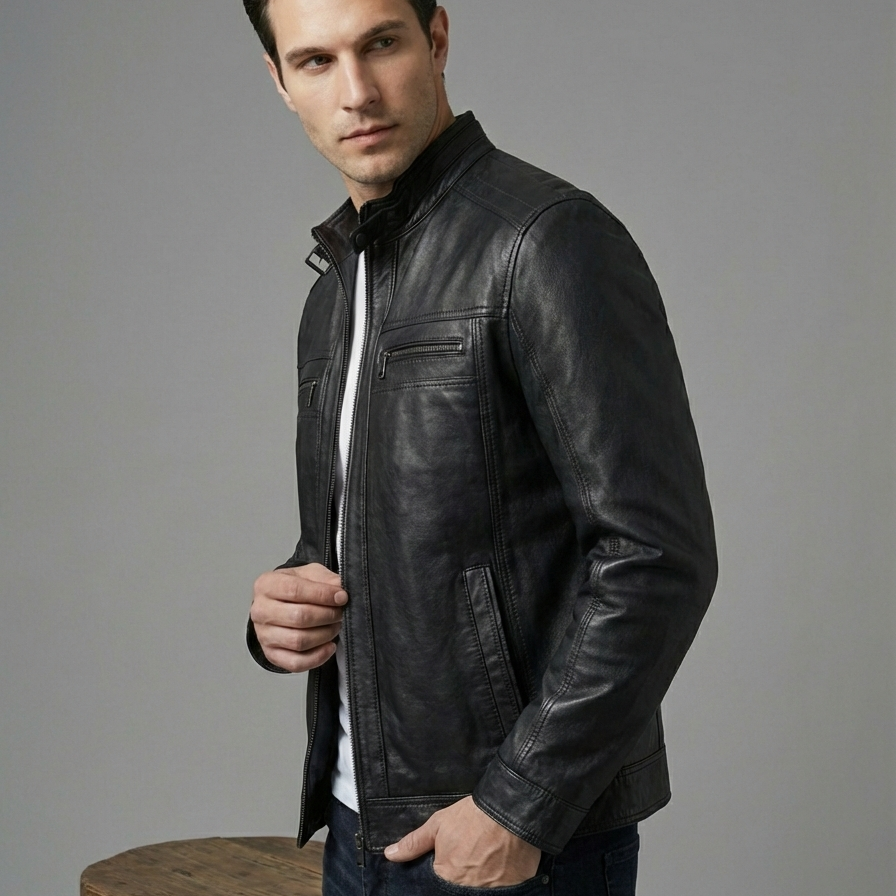 2145 Puntolu Siyah Erkek Deri Mont