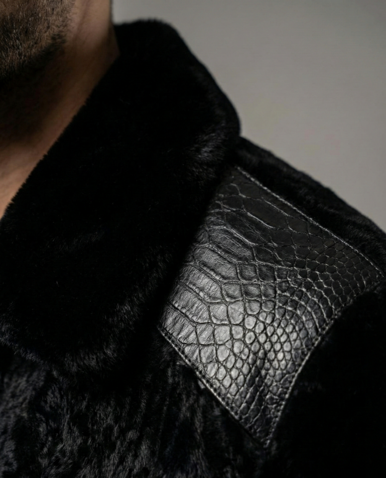 Mamba - Hakiki Piton Detaylı Siyah Astragan Kürklü Erkek Mont