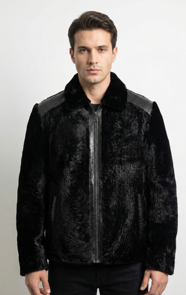 Mamba - Hakiki Piton Detaylı Siyah Astragan Kürklü Erkek Mont