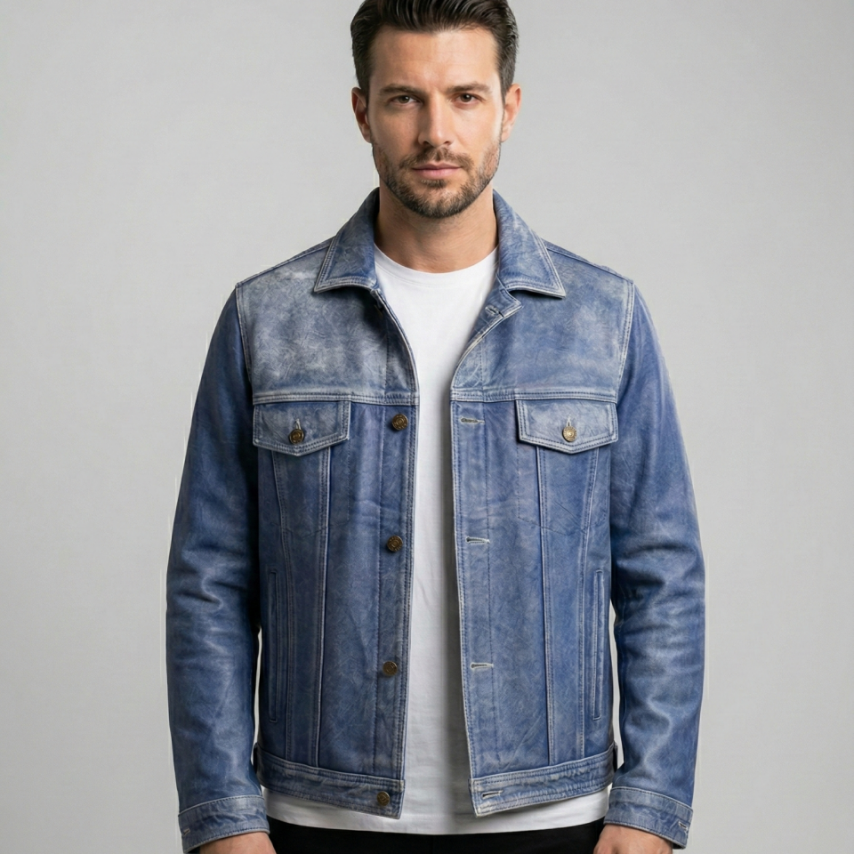 Vintage Mavi Erkek Deri Mont | 2116