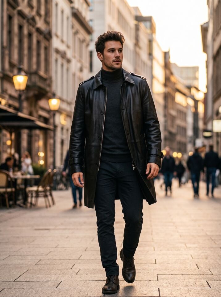 Ryen Siyah Deri Trençkot